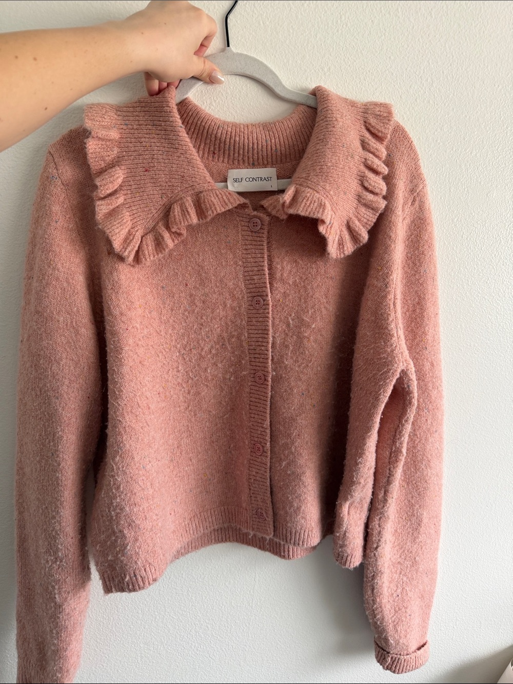 Soft Ruffle-Collar Button Cardigan in Dusty Pink
